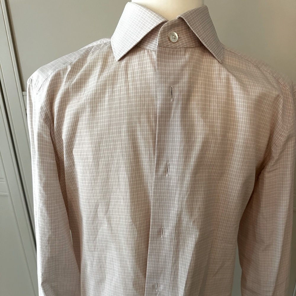 Ermenegildo Zegna men’s dress shirt size 15.5 Light red/pinkish check on white